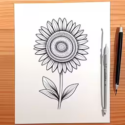 a pen and drawing of a sunflower on paper,drawing flowers with watercolor pencils using the color tool