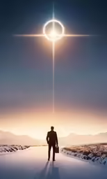 a man stands in a bright light surrounded by mountains