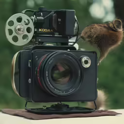 a rodent eating food off the top of a camera