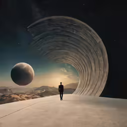 the man is walking through a huge doorway