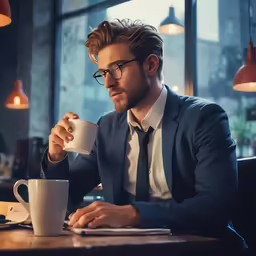 a man in business attire holding a cup and looking down at his laptop