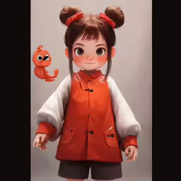 an anime doll with big hair wearing an orange and white top