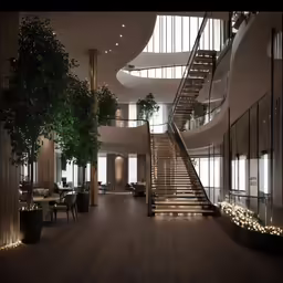 a large open room with two spiral staircases