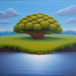 a painting of a green tree on land near water,a painting of a tree on an island in the water,a painting of a tree with a lake below it,a painting of a large tree on an island by the water,a painting shows the body of water and trees