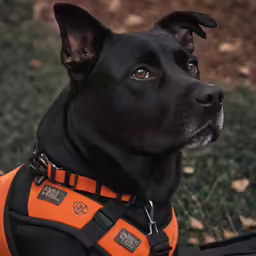 a black dog wearing an orange vest on a grassy area