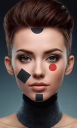 a woman with black, red and grey markings on her face