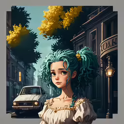 the girl is standing by the street corner
