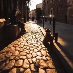a person sitting on the sidewalk with a little dog