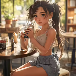 a beautiful woman sitting at a table holding a glass