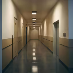 a dimly lit hallway has a few doors