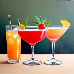 three different drinks are lined up on the table