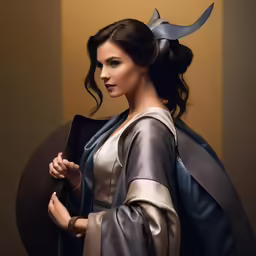 a woman dressed as a lady holding a sword
