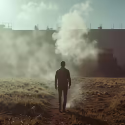 a man walking down a path to a factory