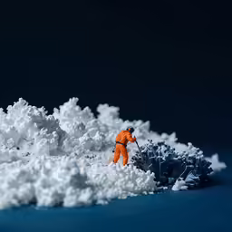 a toy man standing in front of a pile of foam