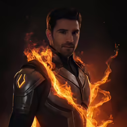 a man with flames on his face in a suit