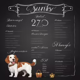 a dog standing in front of a chalk board sign
