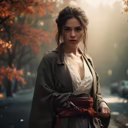 an attractive young woman carrying a red handbag in a dark autumn street