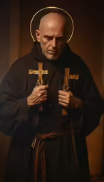 an old man holding cross with two wooden sticks in his hands
