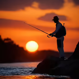 a man on the beach watching the sunset with a fishing rod