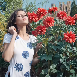 a woman standing next to a bush with lots of red flowers