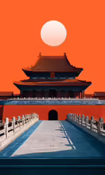 an orange sky is behind an architectural building