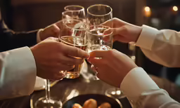 people holding wine glasses and toasting with bread
