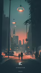 a night scene of two people walking down the street