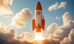 a red and white rocket that is launching into the sky