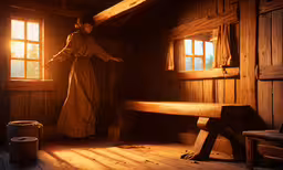 a woman in yellow standing by a window,a girl in a long gown walking towards a bench