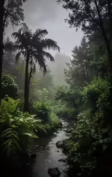 forest scene with river in foreground covered by trees