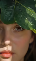 a young woman has green leaves over her eyes