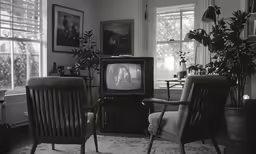 black and white photograph of a living room scene with a tv, three chairs, plant and pictures on the wall