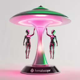 an electronic statue with neon lighting sitting on top of a plate