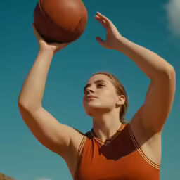 a women reaching up to catch a basketball
