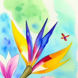 a painting of a flower on a colorful background,a colorful flower and a butterfly in flight