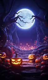 a spooky tree lined path with carved jack - o - lantern pumpkins, in front of a full moon