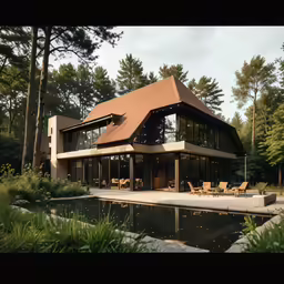 a large house is situated in a wooded area