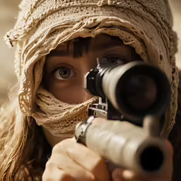 a woman in a scarf is holding a gun