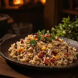 a bowl of food on top of a wooden table