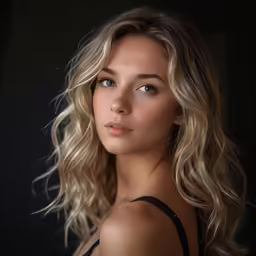 a woman is standing with her head slightly touching the camera