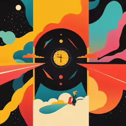 a poster with a clock and some clouds