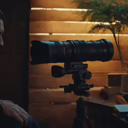 a person sitting at a table, with a camera and a plant behind them