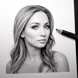 a woman in black and white holding a pen