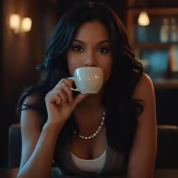 an attractive woman drinking coffee in a restaurant