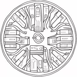 circular drawing of tool for an automaker,the top section of a circular cutting machine wheel with several holes in it,a circular picture with the design for a wheel,a coloring page that has different types of car parts in it,a round shape with many different tools inside of it