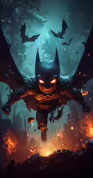 a batman character in the air and flying above the trees