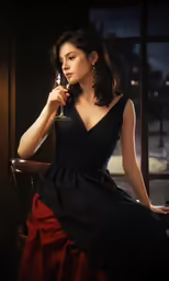 a woman in a dress holding a glass of wine
