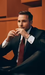 a man is sitting in a chair wearing a suit