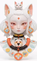 the figurine is on top of a doll with a cat on it
