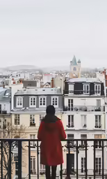 the person in a red coat looks out over the city